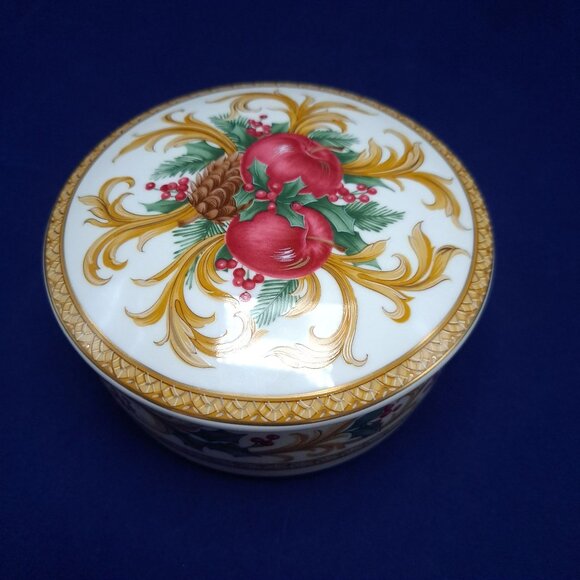 Mikasa Holiday Orchard Covered Candy Dish Trinket Box Christmas Gold Accents - Picture 9 of 13